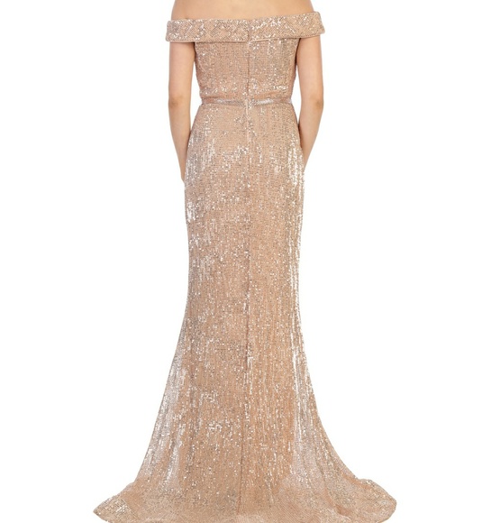 Sequin fitted formal off shoulder evening gown - Picture 3 of 8